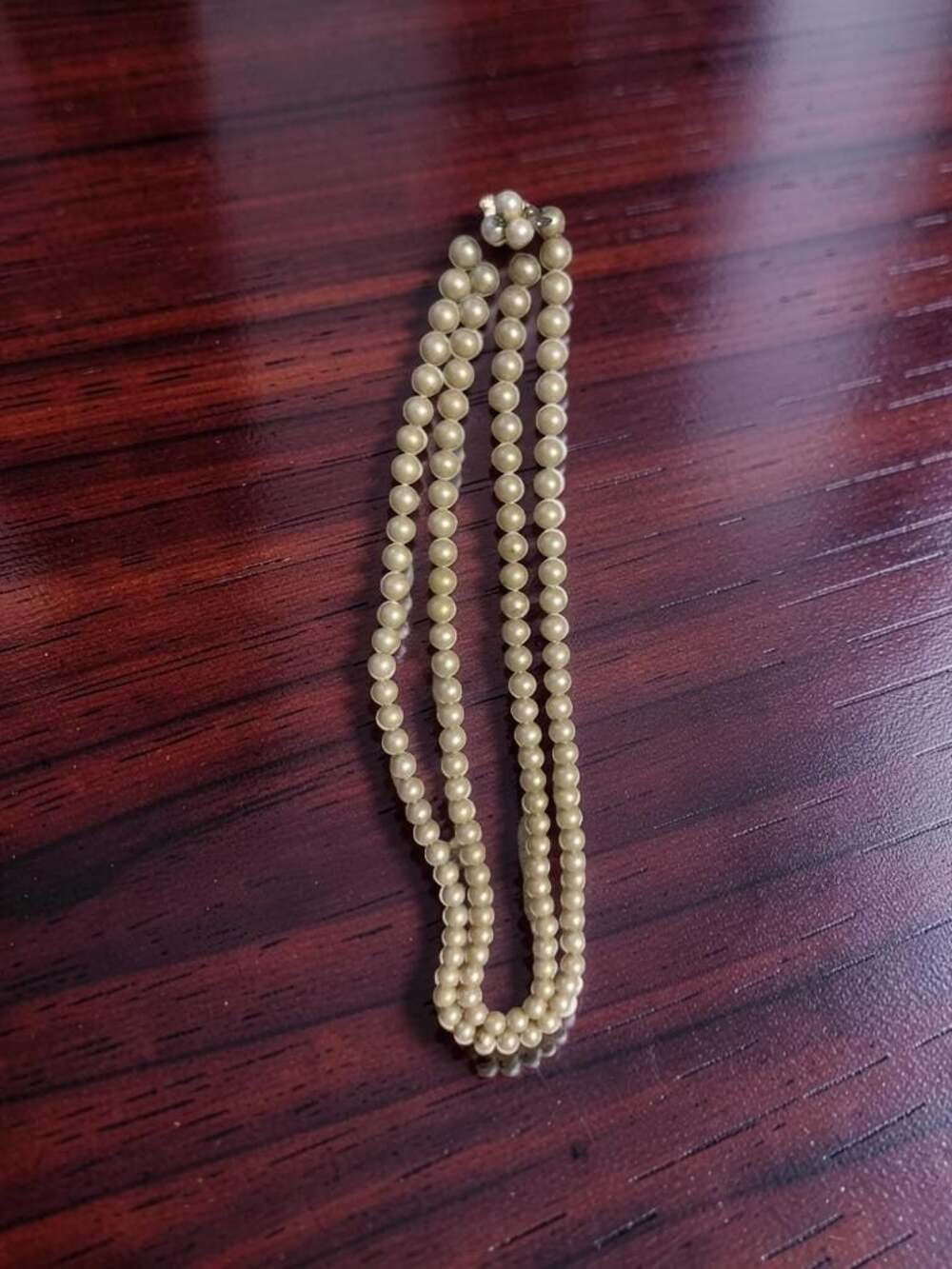 Vintage Multi-Strand Faux Pearl Bracelet with Jeweled Floral Clasp